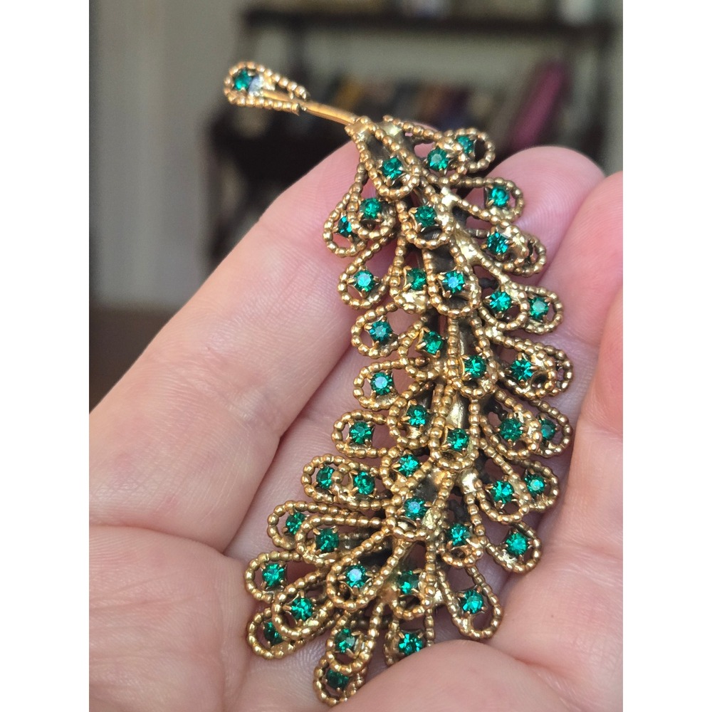 Alice Caviness Emerald Green Peacock Feather Brooch Goldtone Vintage Rare